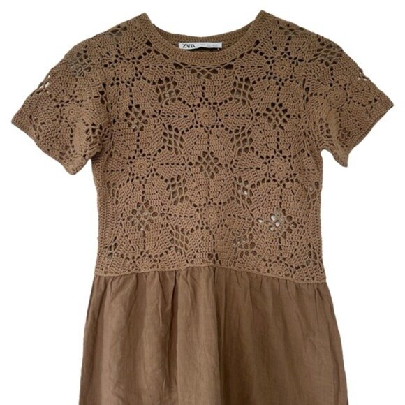 Zara Mixed Macrame Crochet Knit Earth Brown Cotton Midi Dress Size S - Picture 4 of 10